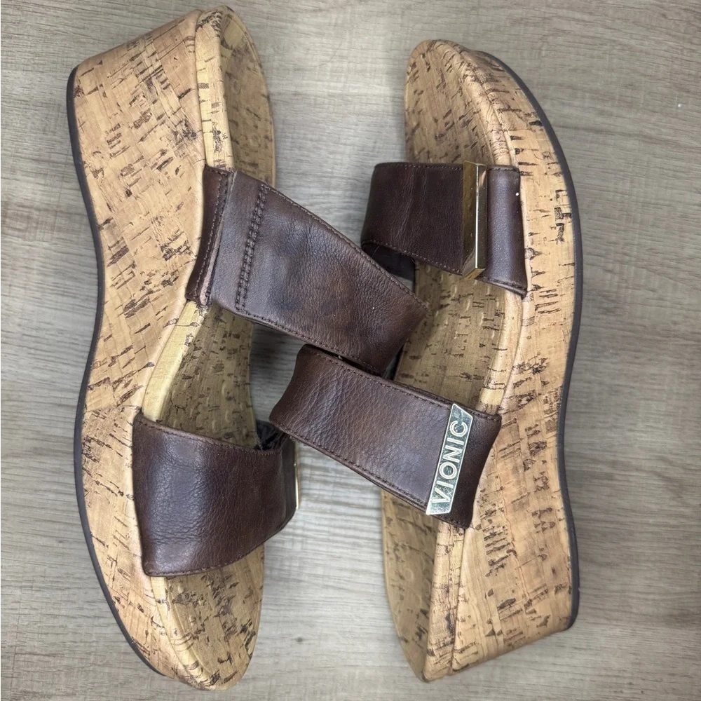 Vionic Pepper Wedge Metallic Brown Slip On Cork Leather Sandals